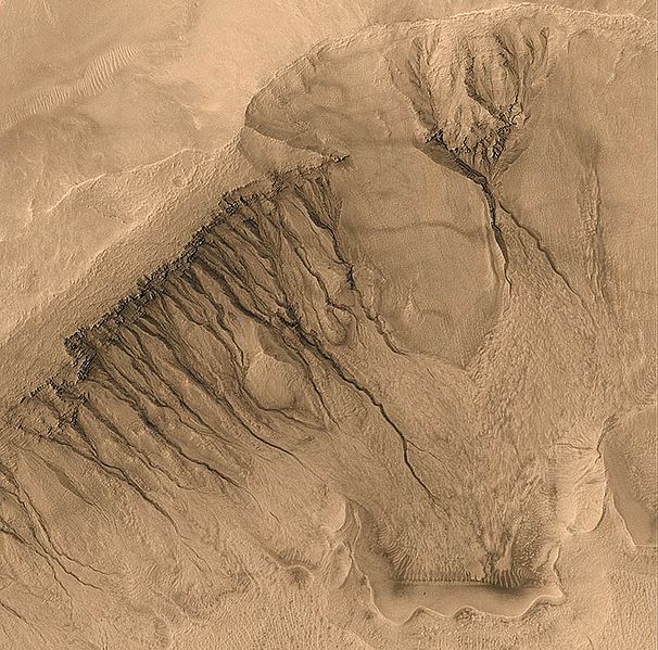 Ova slika s Mars Global Surveyora pokriva površinu prečnika oko 1.500 m. Odvodi, slični onima formiranim na Zemlji, vidljivi su iz bazena Newton u području Sirenum Terra (NASA).